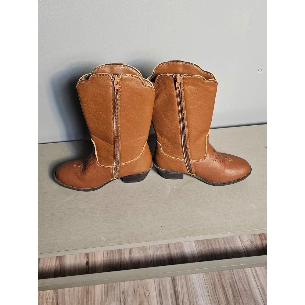 Kids Brown Western Cowboy Boots Side Zip Decorative Stitching Size 1